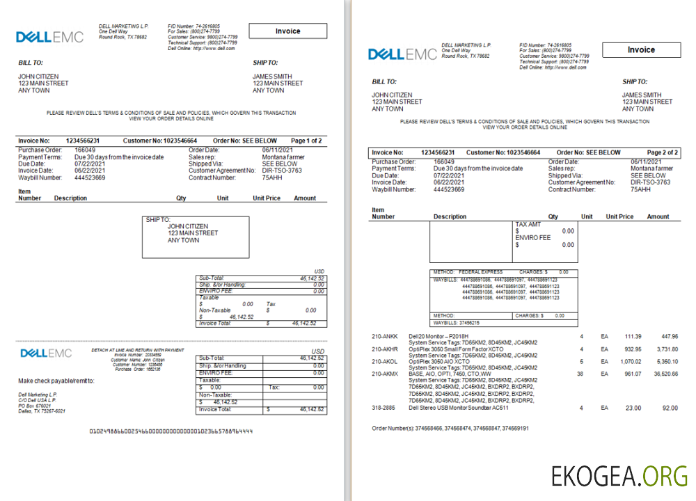 Facture Dell Technologies aux États , Unis